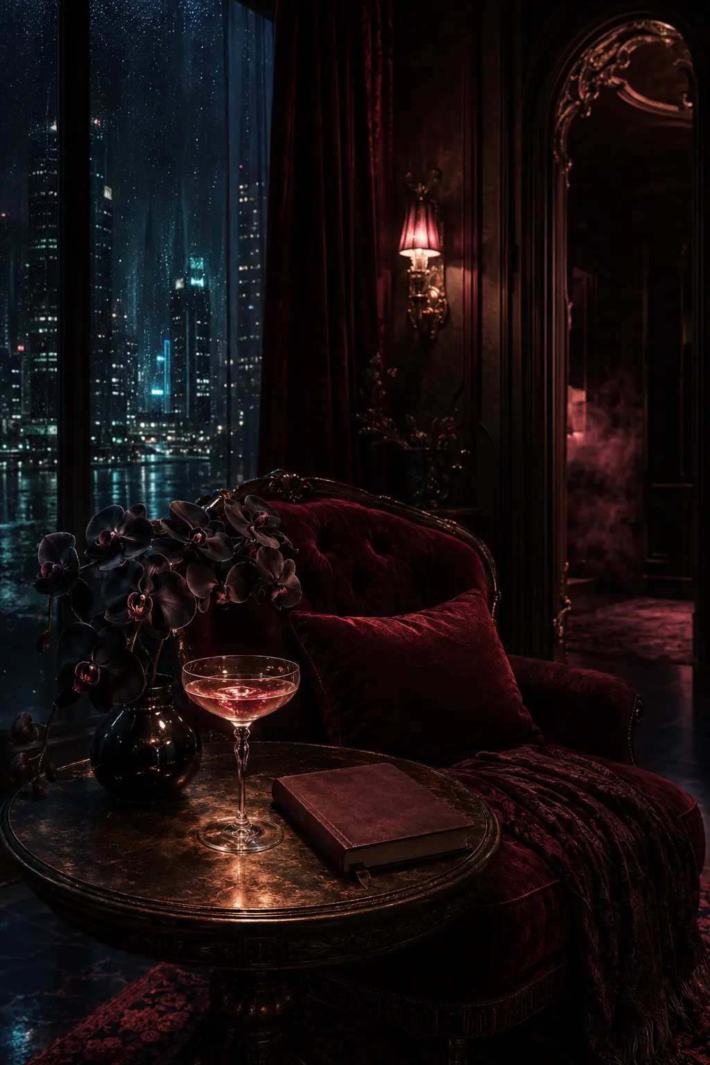 An oxblood velvet lounge overlooking a rain-dark city with a glowing cocktail and mysterious doorway